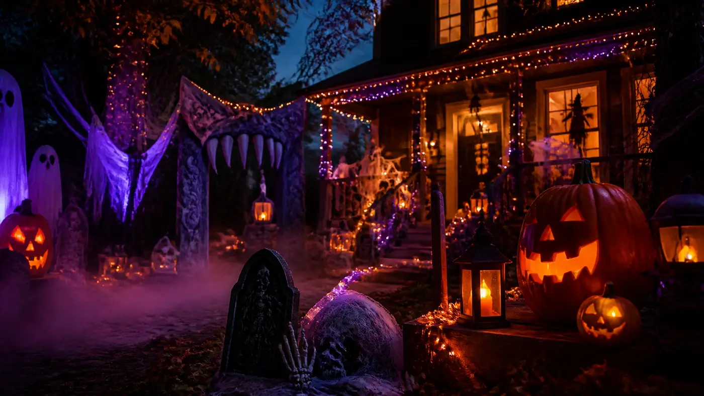 A warmly lit Halloween display with a glowing jack-o-lantern and spooky décor
